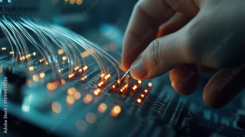 Poster close-up of a hand skillfully adjusting electronic components on a circuit board with vibrant glowin