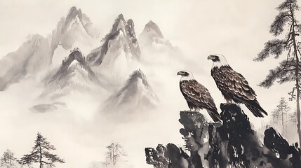 Fototapeta premium Two Eagles Perched on a Rocky Outcrop Amidst a Misty Mountain Landscape, Watercolor Painting in East Asian Style.