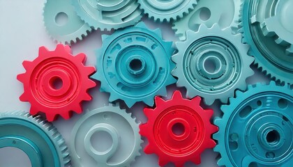 Close-up of colorful mechanical gears in motion, showcasing intricate design and vibrant red