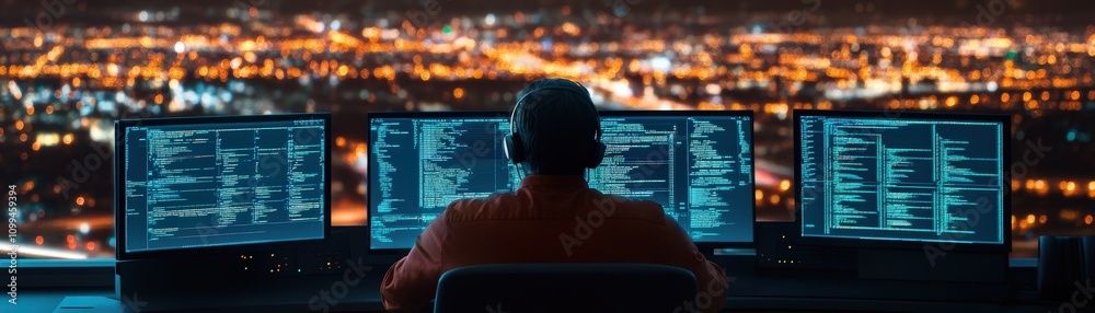 Fototapete Focused programmer working late at night in an urban office, surrounded by multiple computer screens displaying code and data against a vibrant city skyline backdrop