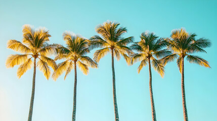 5 Tall Palm Trees Against a Bright Blue Sky with Sunlight Filtering Through Leaves in Tropical Paradise