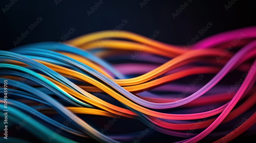 Poster colorful wavy lines on dark background creating abstract visual effects for art, design, technology,