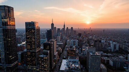 Fototapeta premium Generative AI, Modern Metropolis at Sunset with Reflective Skyscrapers