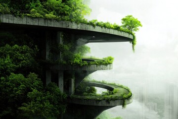 Fototapeta premium Urban greenery transformation futuristic cityscape digital art nature integration aerial view sustainable living concept