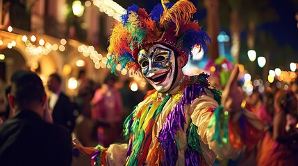 Obraz premium A vibrant carnival brimming with colorful costumes, elaborate masks, and spirited performers captivating the audience through music and dance.