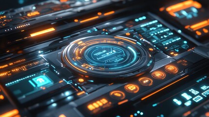 Obraz premium Futuristic digital interface with glowing HUD elements.