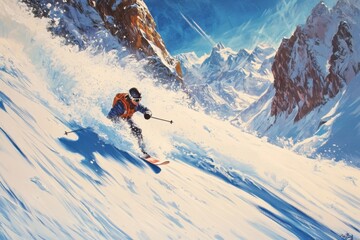 A skier is skiing down a mountain with a lot of snow