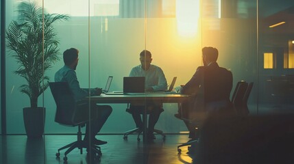 Diverse colleagues collaborate at a conference table in a contemporary office, brainstorming innovative ideas with laptops and notepads.