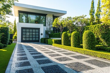 Fototapeta premium A contemporary home features a patterned concrete driveway that elegantly leads to a chic entrance, surrounded by well-trimmed hedges that add to its allure.