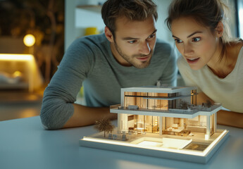 Excited Couple Examining a Modern Architectural Model in Warm Indoor Lighting