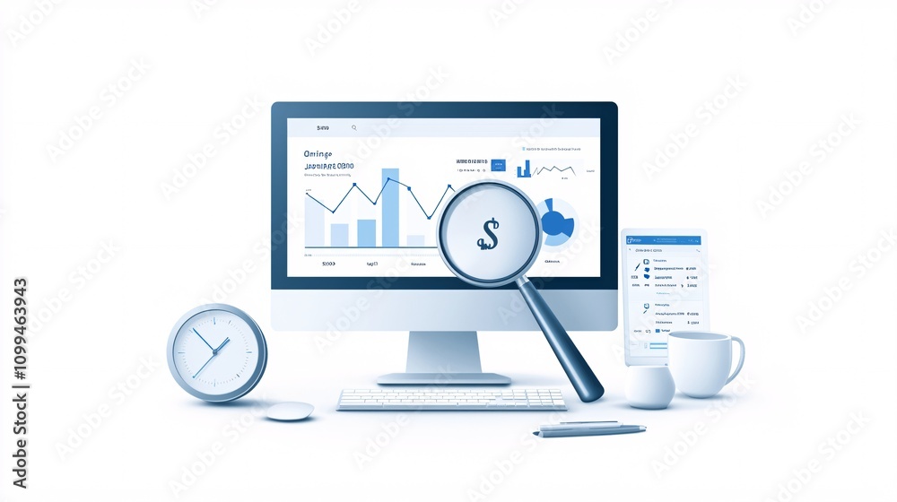 Poster minimalist workspace featuring a computer screen with keyword optimization tools and analytics displ