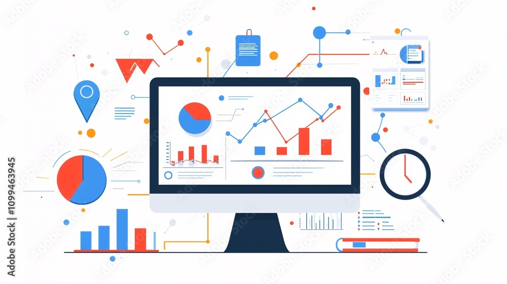 Poster minimalist workspace featuring a computer screen with keyword optimization tools and analytics displ
