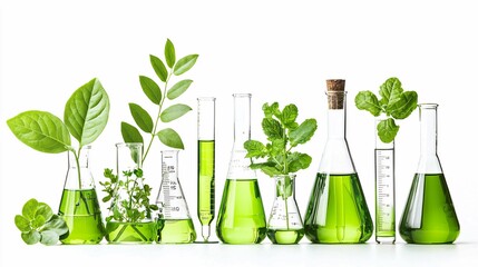 Eco-friendly laboratory setup with beakers and green plants highlighting sustainable practices in green chemistry, isolated on white.