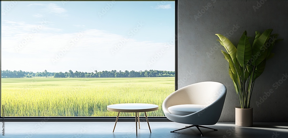 Poster Minimalist Modern Living Room with Panoramic Window View of Green Fields and Designer Armchair : Generative AI