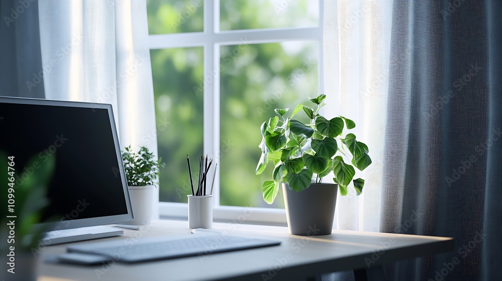 Fototapete minimalist office desk with modern computer and greenery by sunny window view : generative ai