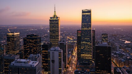 Obraz premium Generative AI, Modern Metropolis at Sunset with Reflective Skyscrapers