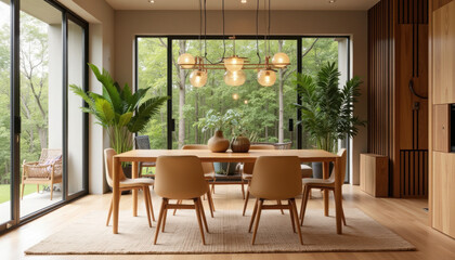 Sleek bamboo dining table in minimalist open-concept living space