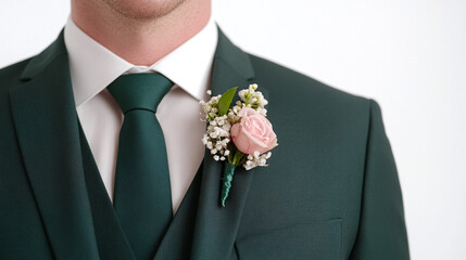Handsome Groom in a Deep Green Suit with Pink Rose Boutonniere