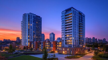 Obraz premium Two modern high-rise residential buildings at dusk.
