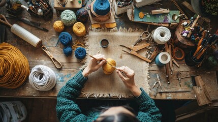 Celebrating National Craft Month, artisans enjoy various activities such as knitting, painting, and woodworking in a vibrant workspace filled with tools, materials, and completed projects.