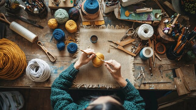 Celebrating National Craft Month, artisans enjoy various activities such as knitting, painting, and woodworking in a vibrant workspace filled with tools, materials, and completed projects. - Powered by Adobe