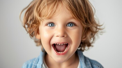 A young boy with blonde hair and blue eyes is captured in a close-up shot his mouth agape in a joyful expression.