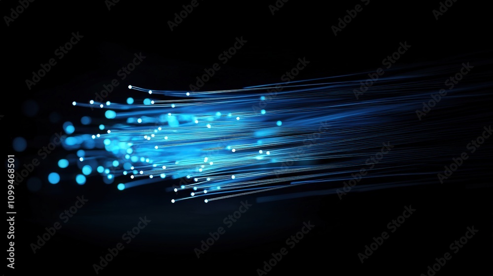 Poster blue fiber optic cables glowing with light pulses against a dark background, representing high-speed