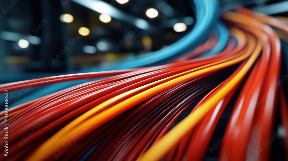 Poster Vibrant Abstract Close-Up of Colorful Electrical Cables Flowing Together in a Dynamic Composition Showcasing Technology and Connectivity in a Modern Environment