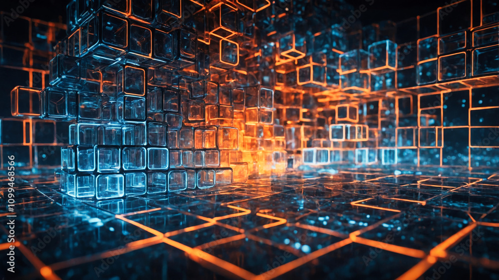 Wall mural interconnected transparent cubes in an abstract technology composition