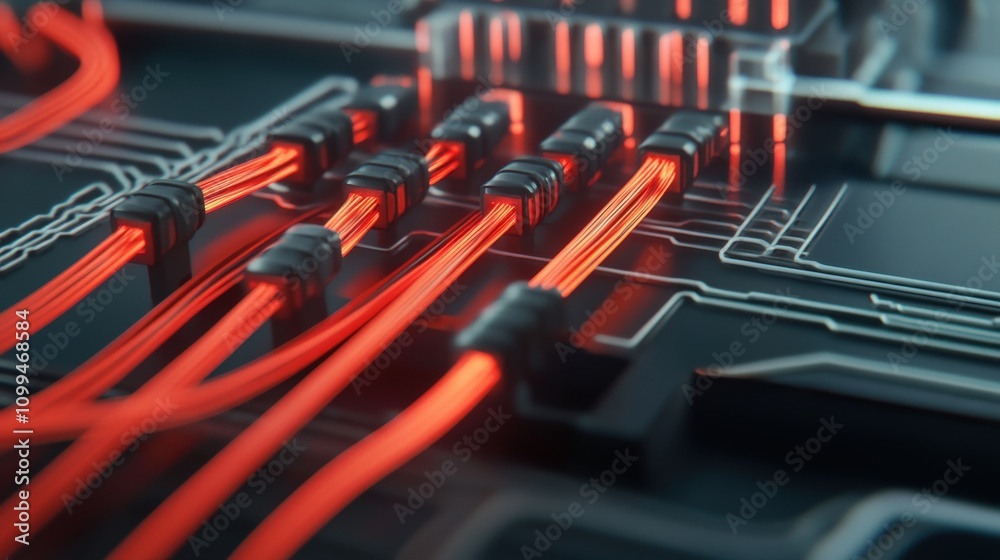 Poster Close-Up View of Red Electrical Cables on a Circuit Board with Intricate Connections and Luminous Effects, Representing Modern Technology and Innovation