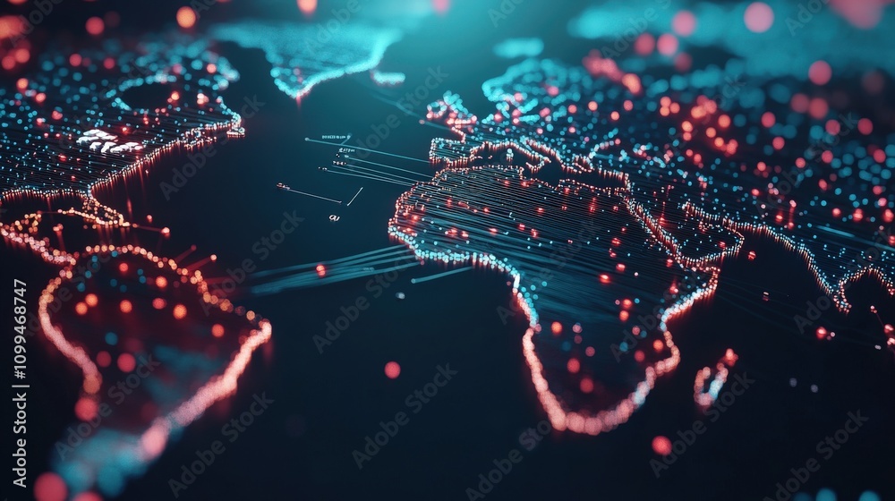 Poster Colorful Digital World Map Representation with Glowing Dots and Lines Showing Global Connections and Data Flow for Technology, Internet, and Communication Themes