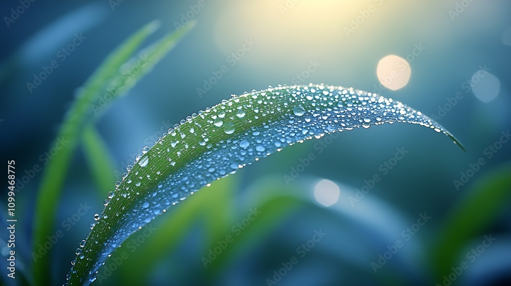 Poster close-up of leaf with dew drops in sunlit nature macro photography : generative ai