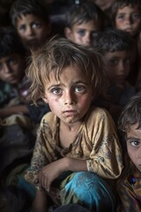 Fototapeta premium Young girl, scarred face, eating, impoverished setting.