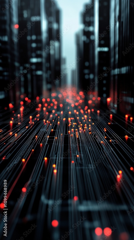 Poster abstract digital landscape with glowing lines and lights representing technology, data flow, and inn