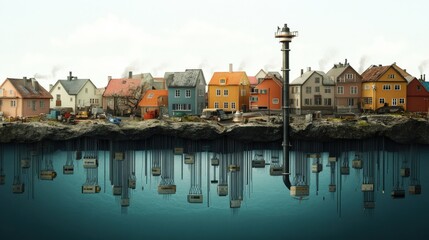 Fototapeta premium Vibrant Coastal Village with Colorful Houses and Reflection in Water, Showcasing Serenity and Charm of Quaint Seaside Community on a Clear Day