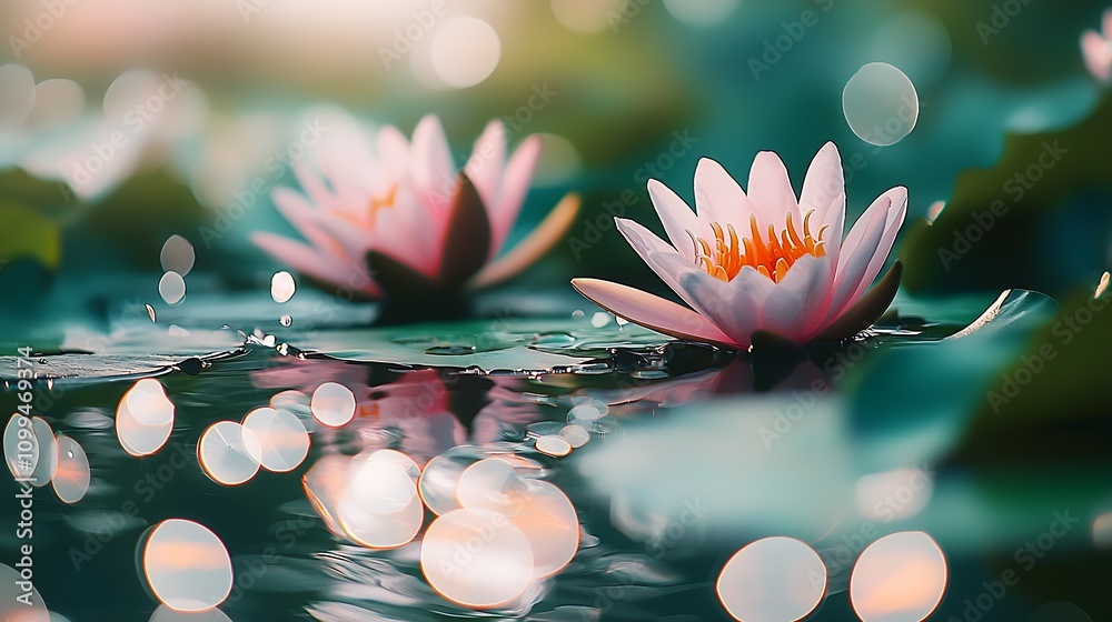 Aufkleber Serene Lotus Flowers Floating on Tranquil Pond with Soft Bokeh Lights in Background : Generative AI