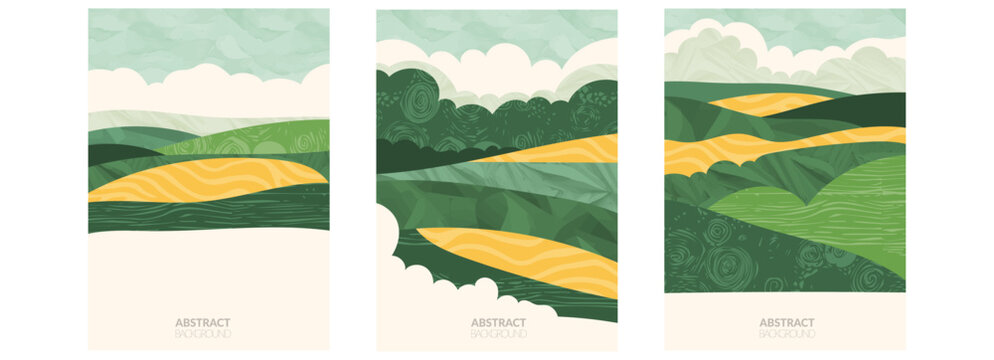 Abstract eco-friendly design with green organic pattern featuring a vineyard, rice terrace field, forest. Flat vector illustration, waves and curves. Summer agriculture brochure, poster, card, collage