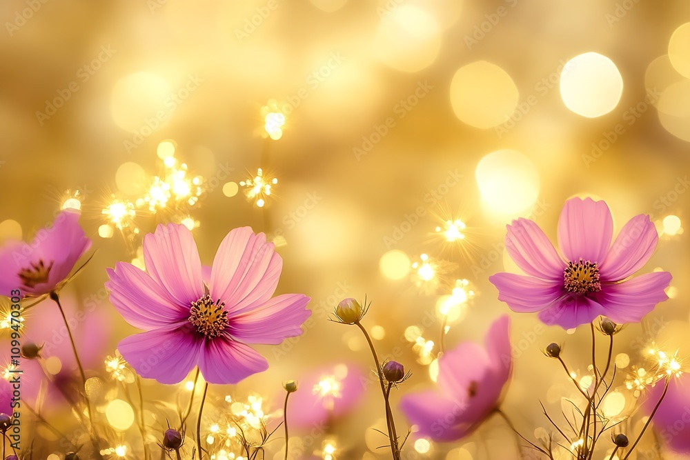 Poster beautiful pink cosmos flowers in bloom with bokeh background in golden light : generative ai