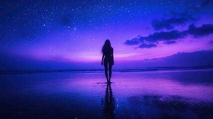 Fototapeta premium A silhouetted woman stands on a large beach at twilight, gazing at the ocean as stars twinkle above and vibrant colors fill the sky, creating a serene atmosphere.