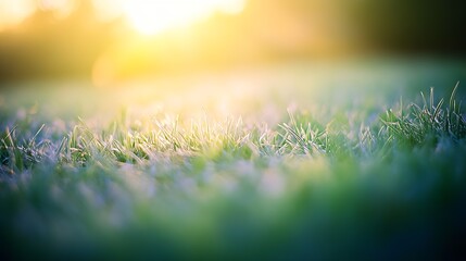 Obraz premium Sunlit Dew-Kissed Grass in Tranquil Morning Light Capturing Nature's Beauty : Generative AI