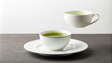 Filled cup with green tea floating above a white plate on a table, herbal tea, drink glass, filled cup, green tea, hot beverage