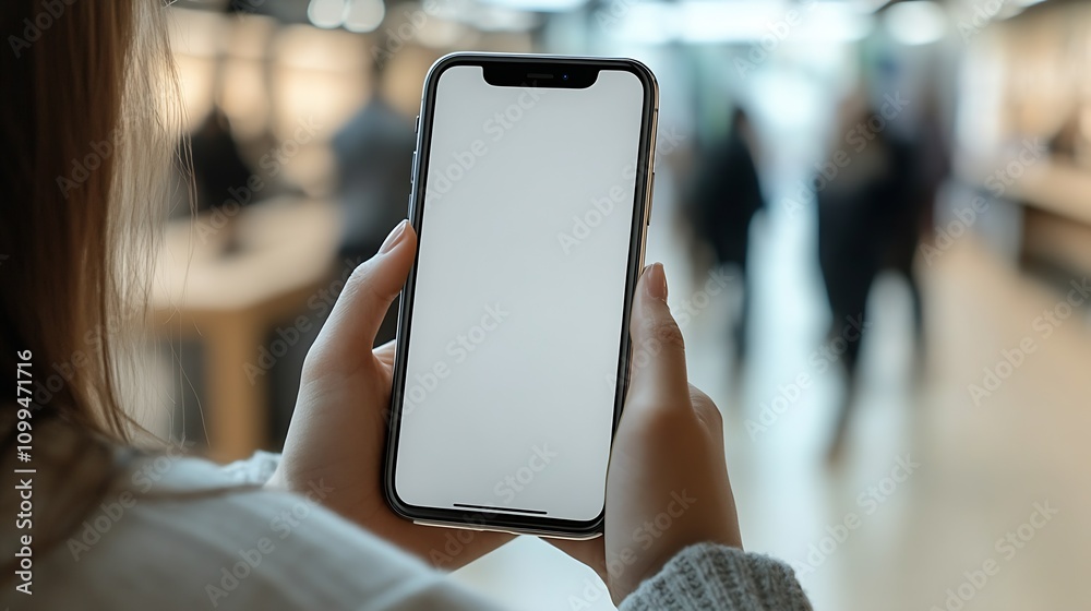 Aufkleber Hands Holding Smartphone with Blank Screen in Busy Indoor Setting Perfect for Advertisement Mockups : Generative AI