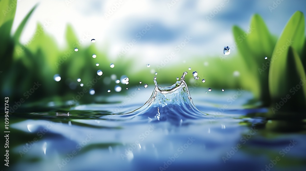 Poster Splash of Water Creating Beautiful Crown Patterns in Vibrant Natural Setting with Clear Sky : Generative AI