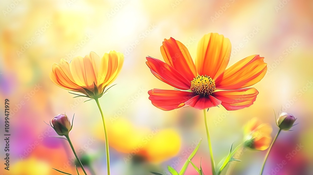 Poster vibrant cosmos flowers in full bloom with a soft background : generative ai