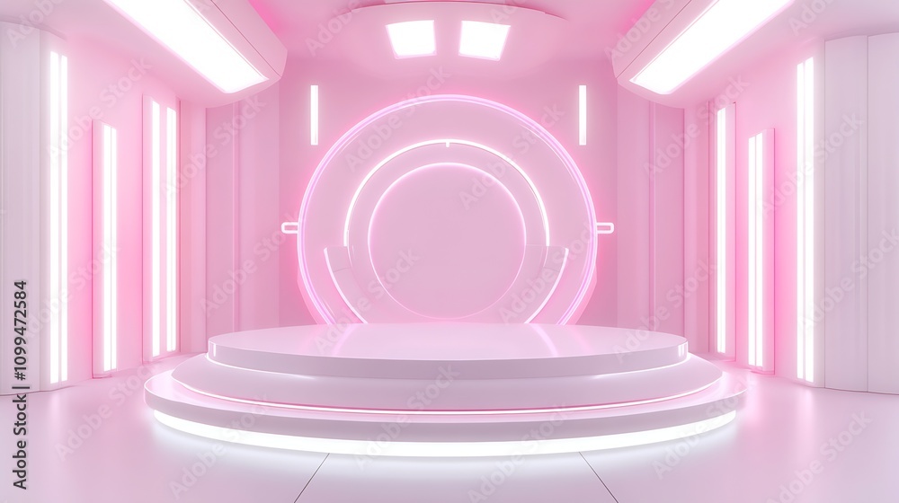 Poster Futuristic Pink Themed Stage Set with Neon Lights and Circular Design Elements : Generative AI