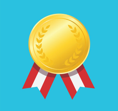 gold madal badge and red ribbon. vector illustration