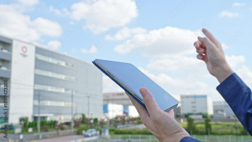 Aufkleber タブレット、DX、建設、点検、メンテナンス、検査、測量、デジタル、設計、工事、建物、現場、リサーチ、調査、チェック、確認、画面、工場、倉庫、産業、ビジネス、エンジニア、作業員、道路、交通、青空、環境、土地、不動産、製造業、GPS、ナビゲーション、テクノロジー、データ、IT、トランスフォーメーション、男性、ネットワーク、科学、都市、社会、屋外、公共、行政、事業、PC、IIoT、物流、ロジスティクス、