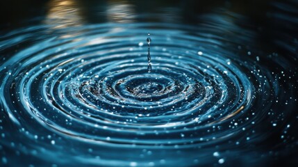 A glistening drop of water descends, impacting the smooth surface and sending ripples outward in a tranquil setting under soft evening light.