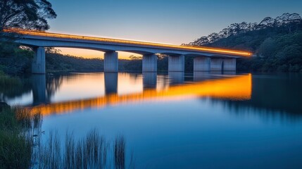 Obraz premium A serene bridge reflecting on calm water at sunset, showcasing nature and infrastructure.