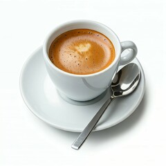 Fototapeta premium A cup of espresso with crema on a saucer with a spoon, isolated on a white background.